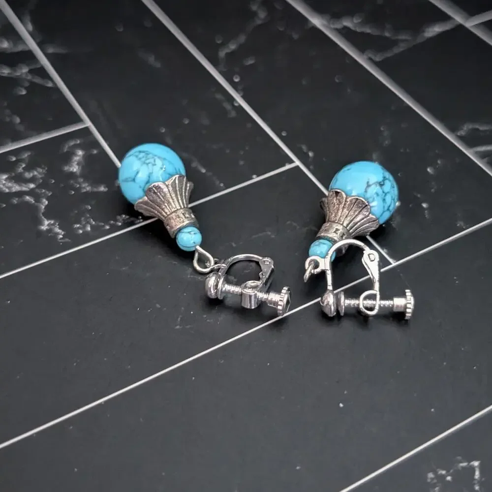 Vintage Clip On Earrings Silver Tone & Turquoise Tone Dangle Ball - Statement